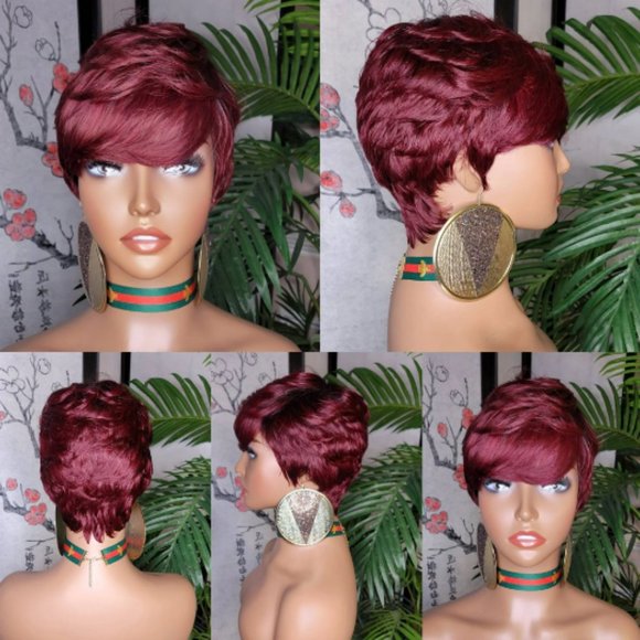 Wig Short Hair Cut Pixie Cut Peruvian Remy Human Hair Wigs Burgundy Wigs - Picture 1 of 3